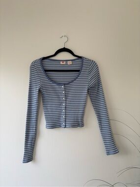 Levi's Blue and White Striped Long-Sleeve Crop Cardigan